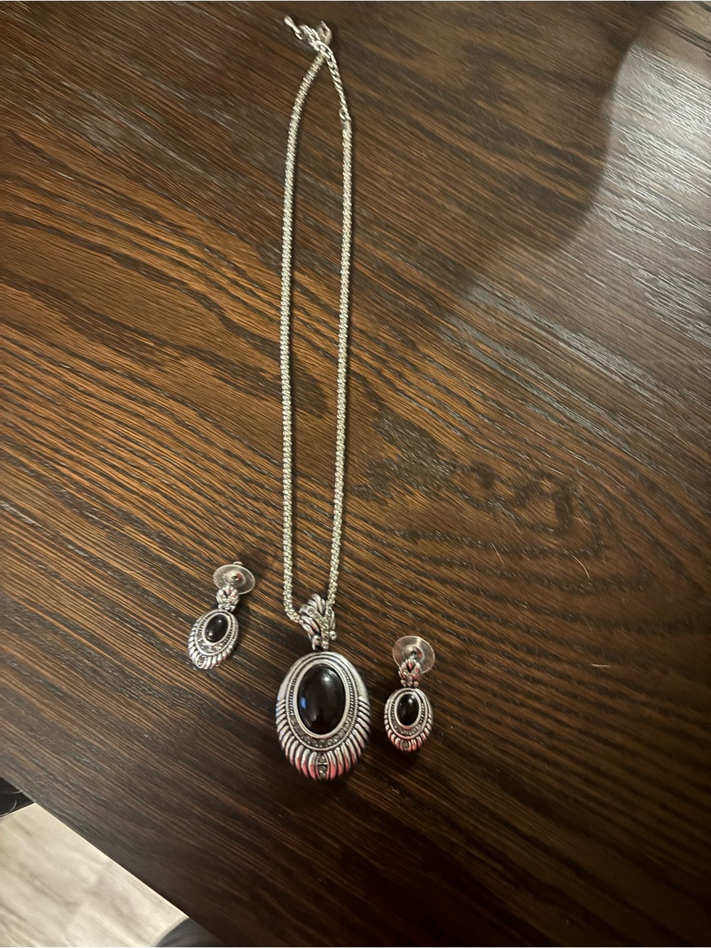 Sterling-Style Black Stone Oval Pendant Necklace and Earring Set